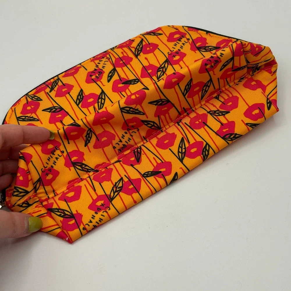 Clinique x Donald Robertson Makeup Bag Orange Pink Lips Leaf Cosmetic Pouch NWOT